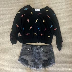 Vintage Havana cropped sweater & Free People grey denim shorts